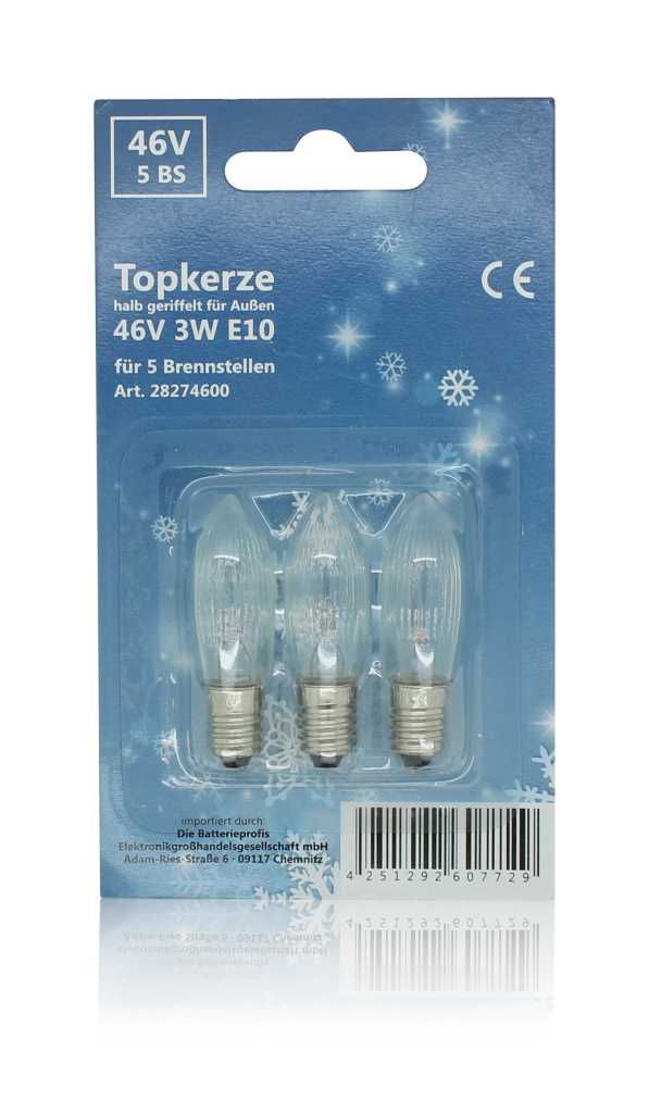 Bild von Topkerze halb geriffelt für Außen 46V 3W E10 3er-Blister
