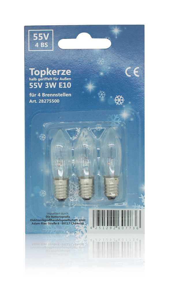 Bild von Topkerze halb geriffelt für Außen 55V 3W E10 3er-Blister