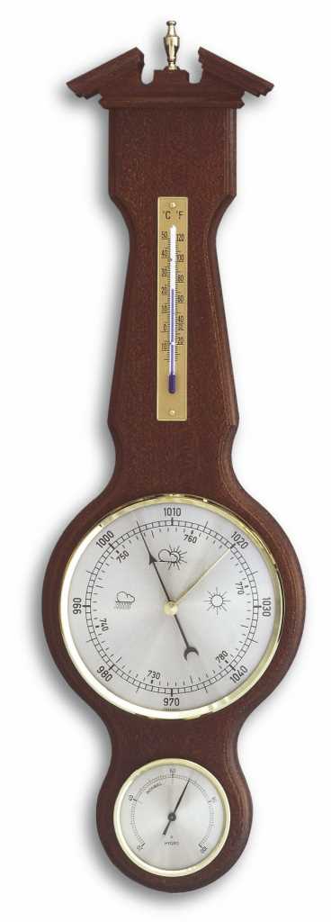 Wandgerät aus dunklem Holz mit Thermometerleiste sowie rundem Barometer und kleinerem Hygrometer darunter