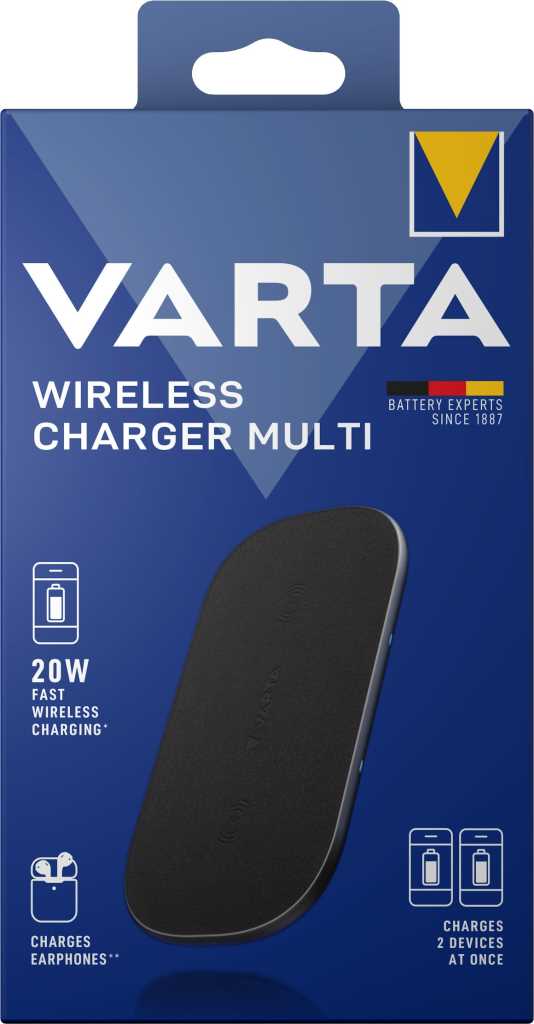 Bild von Varta 57906 Wireless Charger Multi 20W Die bequeme Art des Ladens! Ultraschneller und stylischer Energielieferant, der 2 Geräte auf einmal lädt! Maximale Ladegeschwindigkeit durch 20W Wireless Output. 