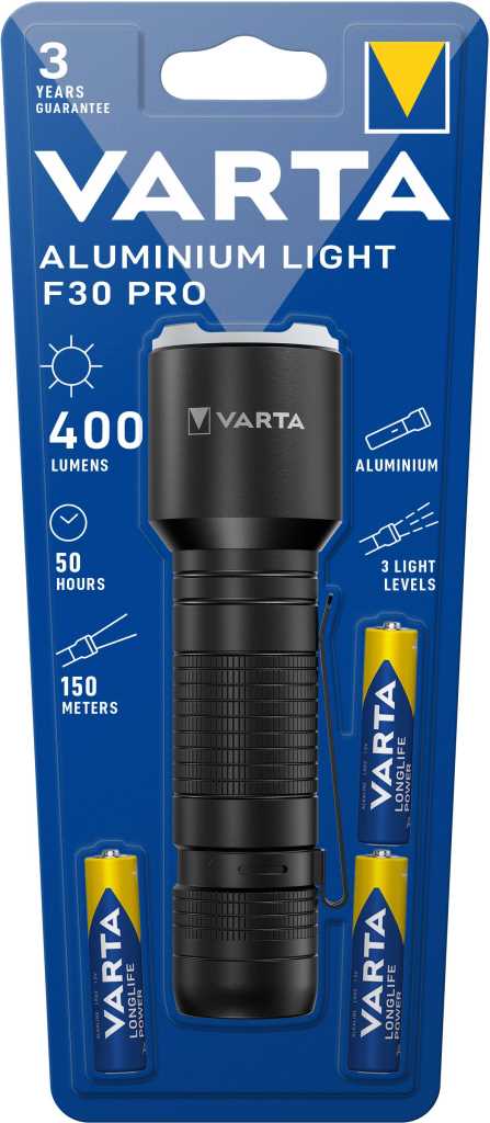 Bild von Varta 17608 Aluminium Light F30 Pro Elegante Taschenlampe mit schwarz eloxiertem Aluminiumgehäuse und silbernem Ring in matter Oberfläche mit 3 Leuchtmodi, hoher Lichtleistung und langen Laufzeiten.