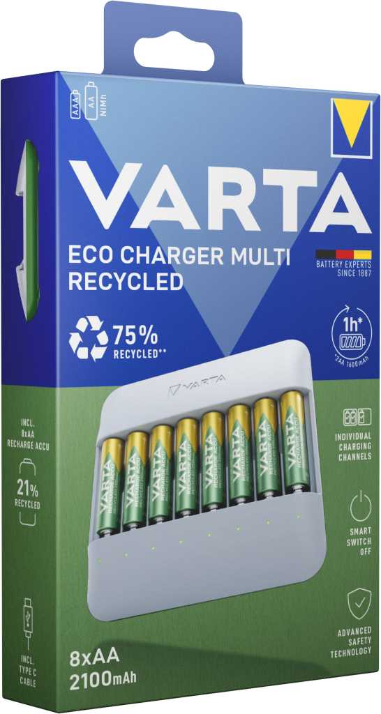 Bild von Varta 57682 101 121 Eco Charger Multi Recycled inkl. 8x AA 56816 2100mAh