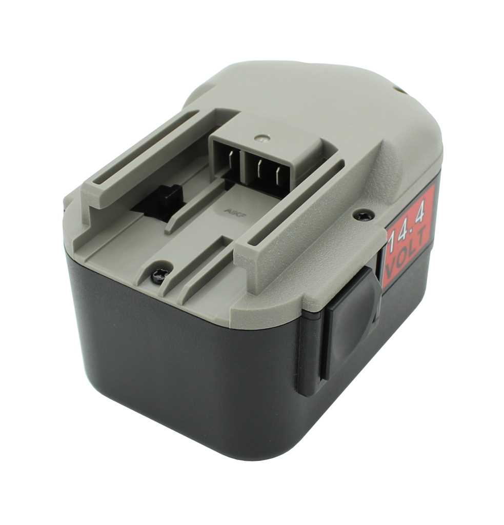 Schwarzer und grauer Werkzeugakku mit Steckkontakten oben und rotem 14.4-Volt-Aufkleber an der Seite